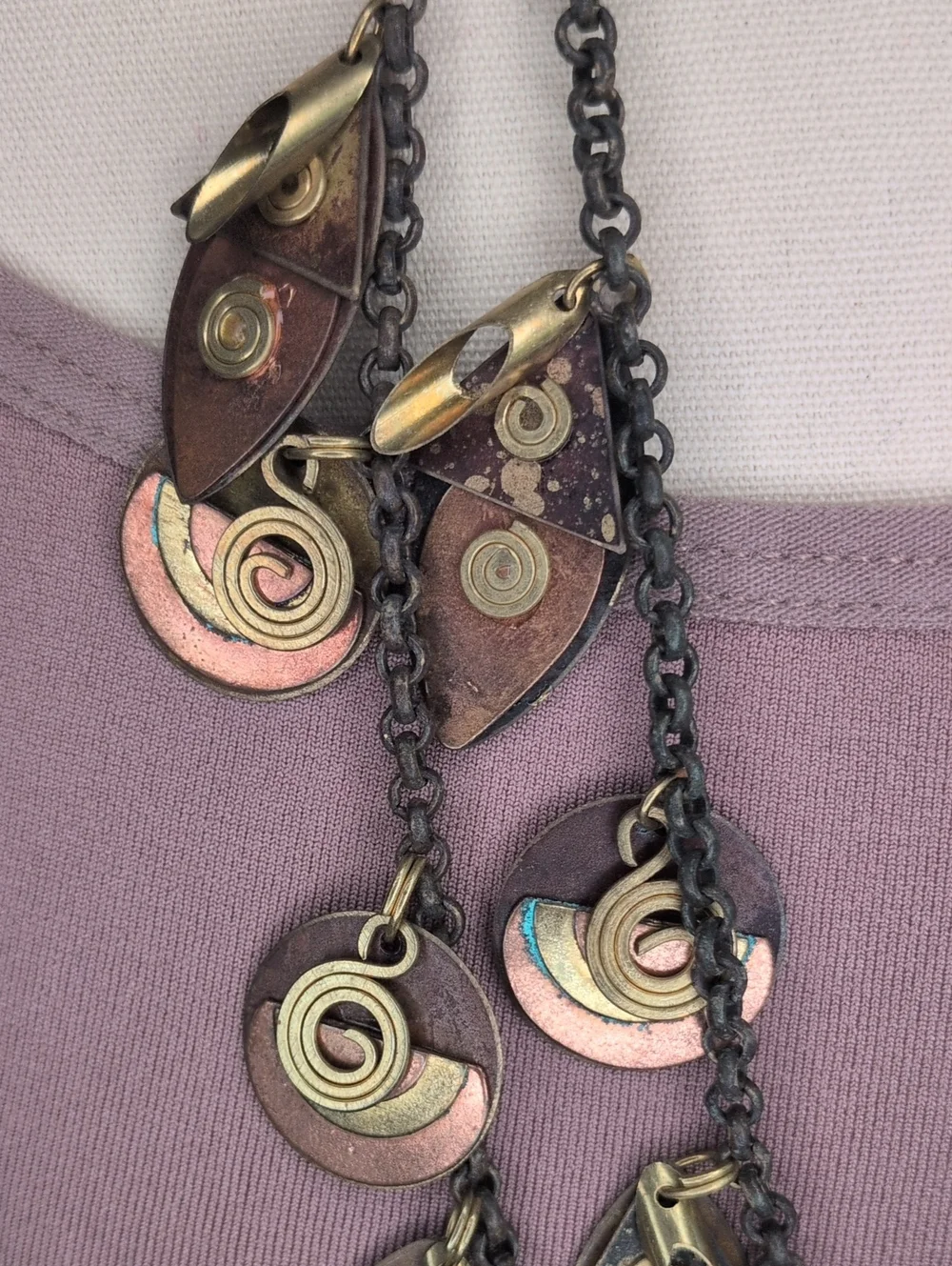 Vintage 80 Brutalist Mixed Metal Layered Statement Necklace Brass Copper - As Is